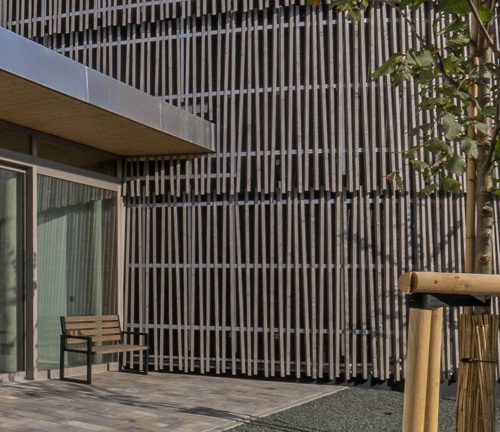 Detailansicht der Holzlattung an der Fassade des Ellipsum – modernes Design und umweltbewusste Bauweise in Hirschaid